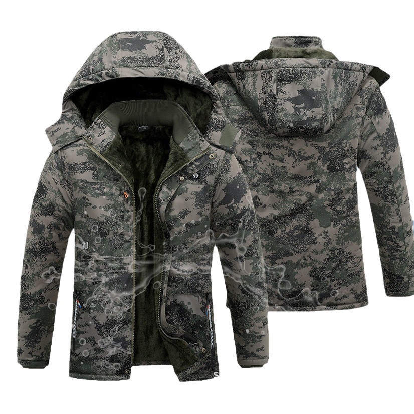 Chaqueta acolchada de algodón de invierno para hombre más chaqueta acolchada de manga larga gruesa de terciopelo, ropa de camuflaje, ropa de trabajo, ropa acolchada de longitud media, protección contra el frío