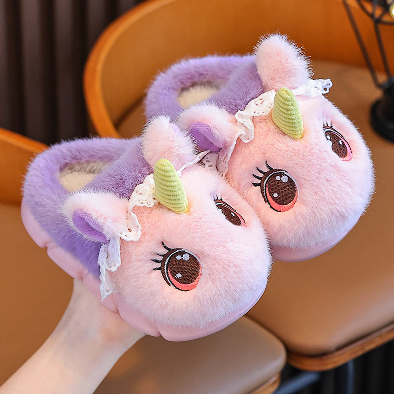 Unicornio zapatillas de algodón para niños de invierno para niñas con peluche cálido en el hogar zapatillas de peluche de interior para niños pequeños