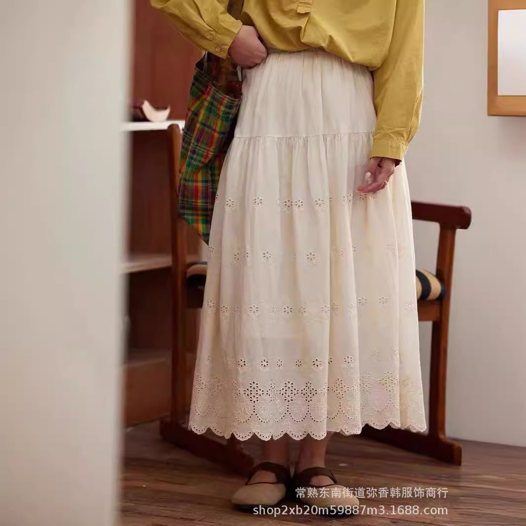 夏森女系棉布刺绣镂空松紧腰半身裙纯色百搭叠穿A字裙
