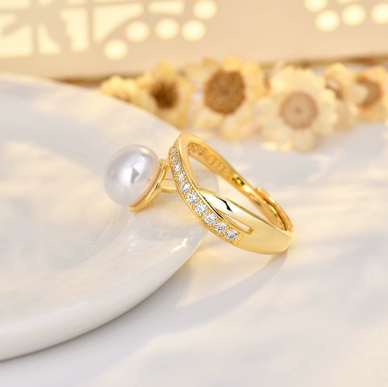 Small design ring, one size zirconium from pearl, accessory, light luxury style