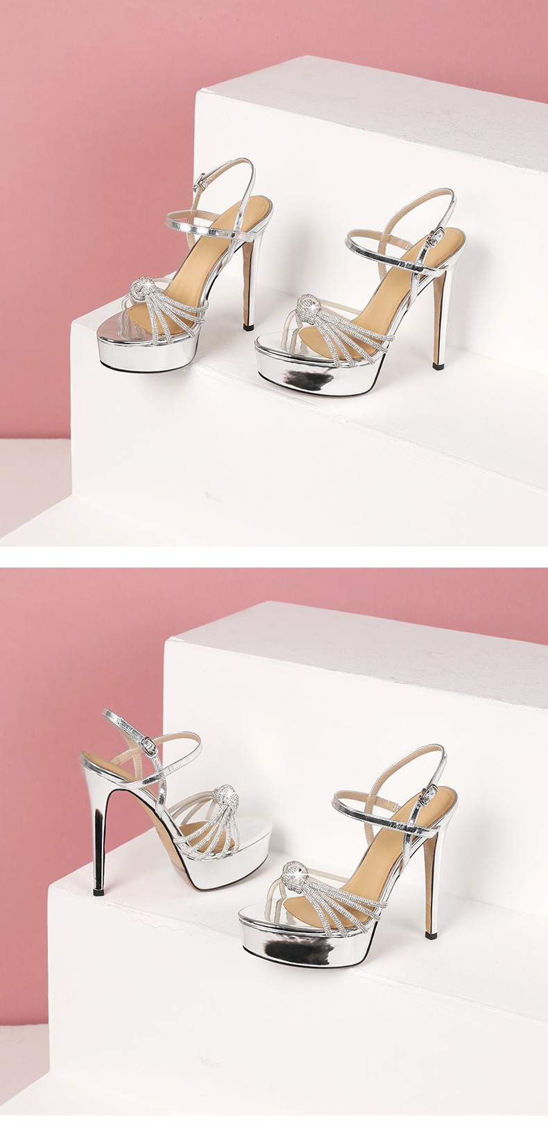 Sandal nữ cao gót 13 cm đính đá hở mũi quai mắt cá chân da thật — Bạc (13 cm) chi tiết 13