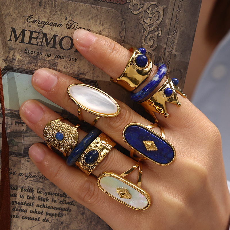 Anillo de lapis lazuli de acero inoxidable europeo y americano de alta calidad, anillo exagerado de explosión transfronteriza, joyería de acero de titanio no desvanecida