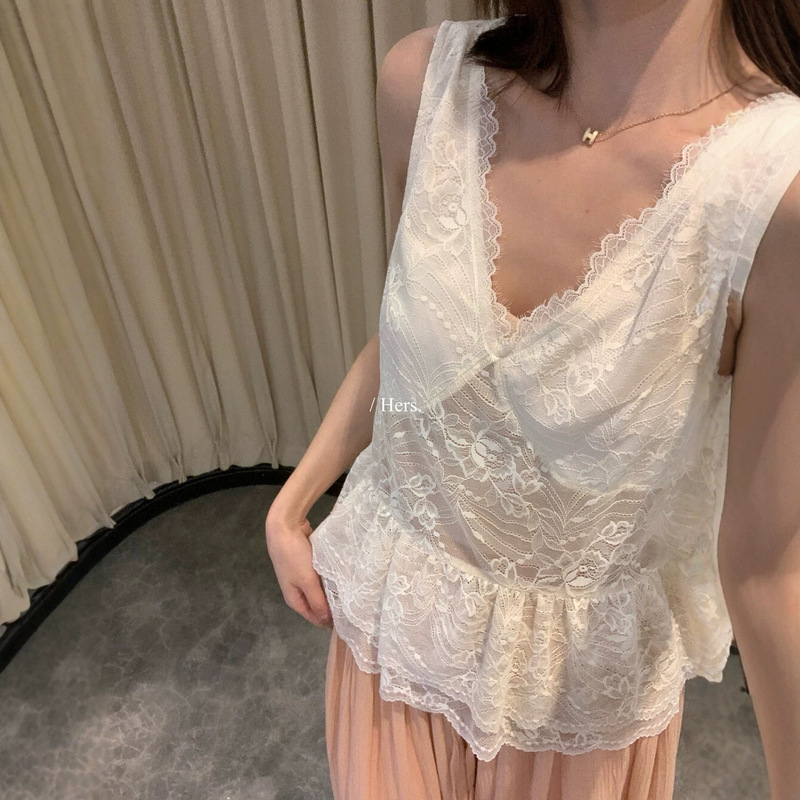 Hers Sweet Summer Korean Style Lazy Lace Patchwork Youthful V-Neck Tank Top Women's Fashion 80586