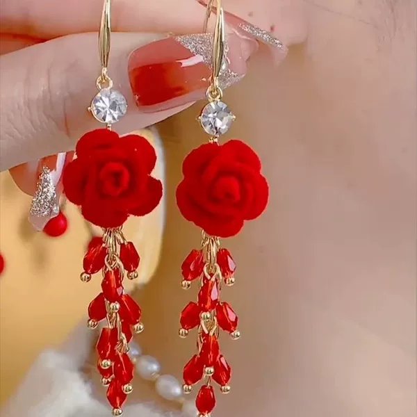 Red Rose Tassel Brick Stone Earrings, Light Luxury High-End Earrings for Women, Elegant Chinese Style Long Festive Earrings