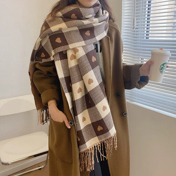 2026 Autumn/Winter Faux Cashmere Women's Double-Sided Tassel Heart Plaid Scarf Cross-Border Warm Shawl Versatile