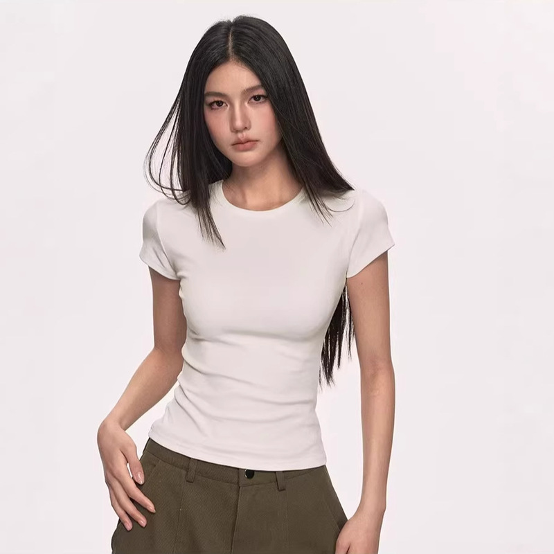 White Short-Sleeve T-Shirt for Women, Lyocell Summer Solid Color Versatile Round Neck Slim Fit Basic T-Shirt Top for Women White Short-Sleeve T-Shirt for Women, Lyocell Summer Solid Color Versatile Round Neck Slim Fit Basic T-Shirt Top for Women