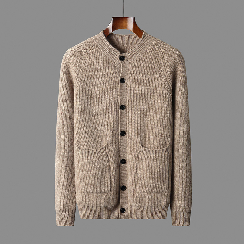 Autumn and winter thickened men's sweater with pockets, 100% wool, button-down, loose-fit cardigan, stand-up collar, pure wool sweater jacket Autumn and winter thickened men's sweater with pockets, 100% wool, button-down, loose-fit cardigan, stand-up collar, pure wool sweater jacket