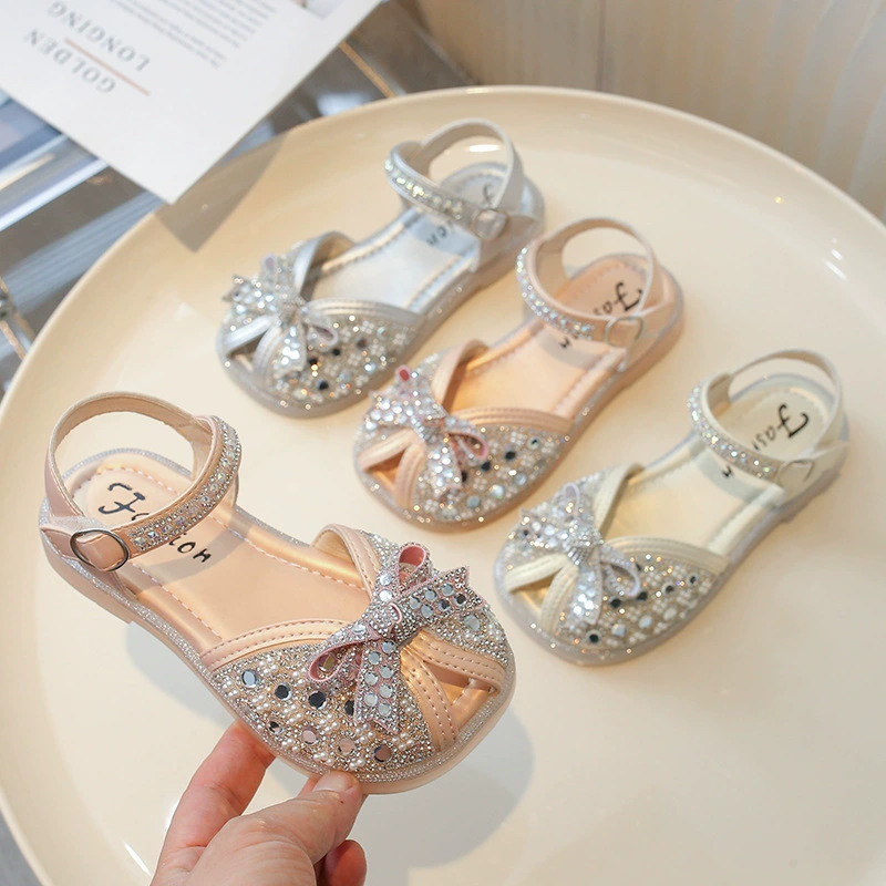 Summer sandals, children's shoes, beach footwear for princess with bow, Korean style, soft sole