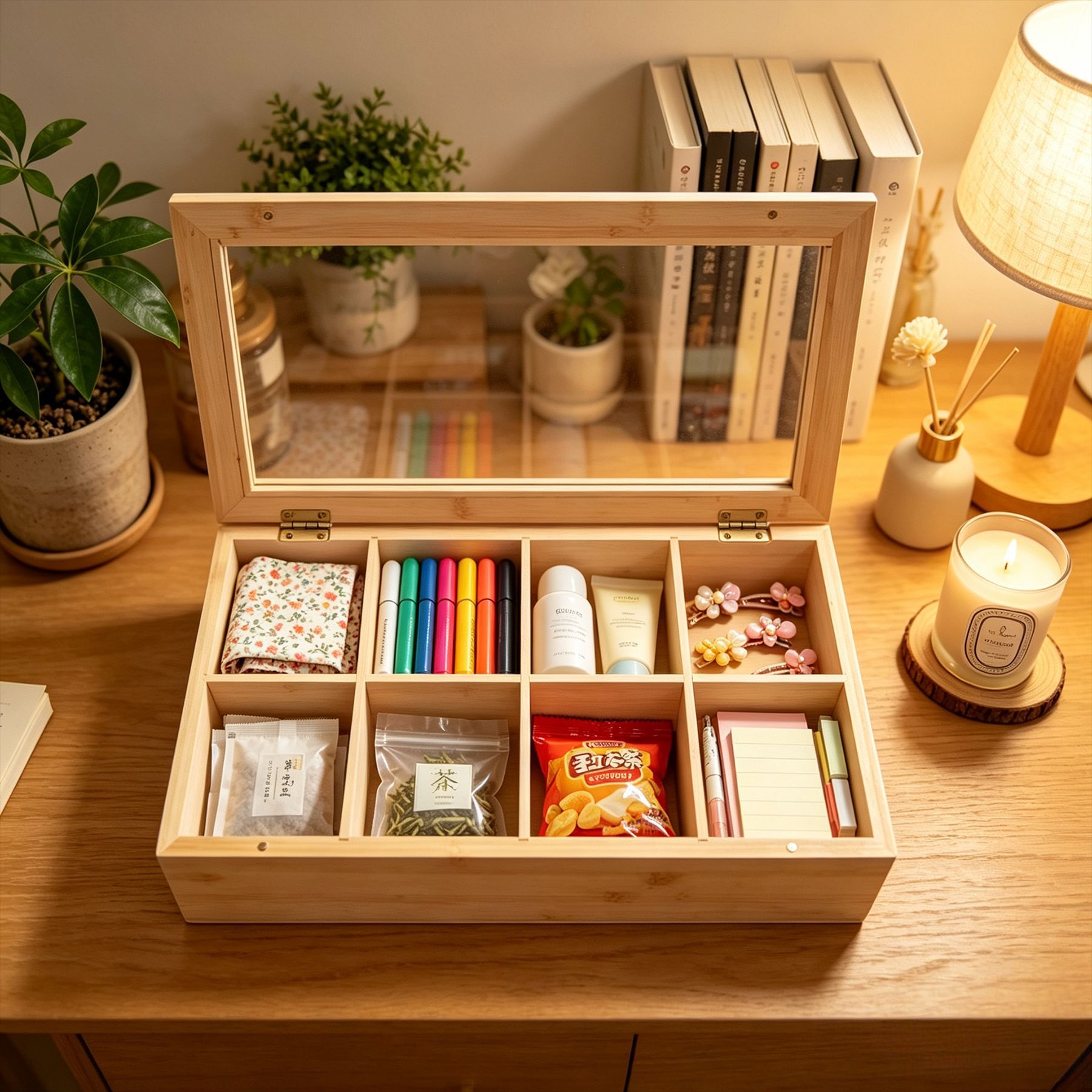 Caja Organizadora de Bambú para Bolsitas de Té, Transparente, para Escritorio