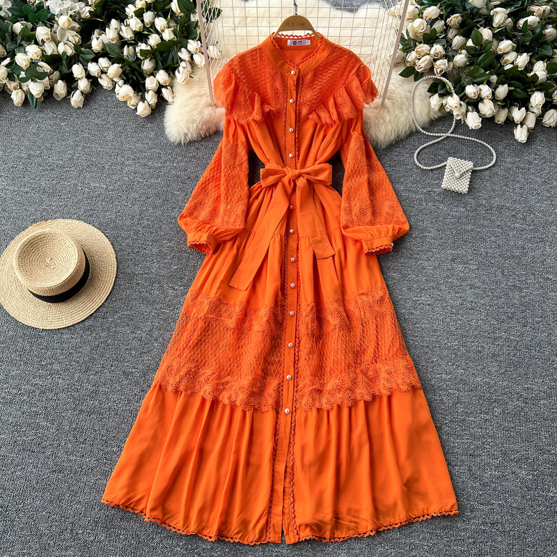 French Style Retro Palace Style Lace Embroidered Tight Waist dress Women's Long-Sleeved Collar Single-Breasted A- Line Age-Reducing Long Dress