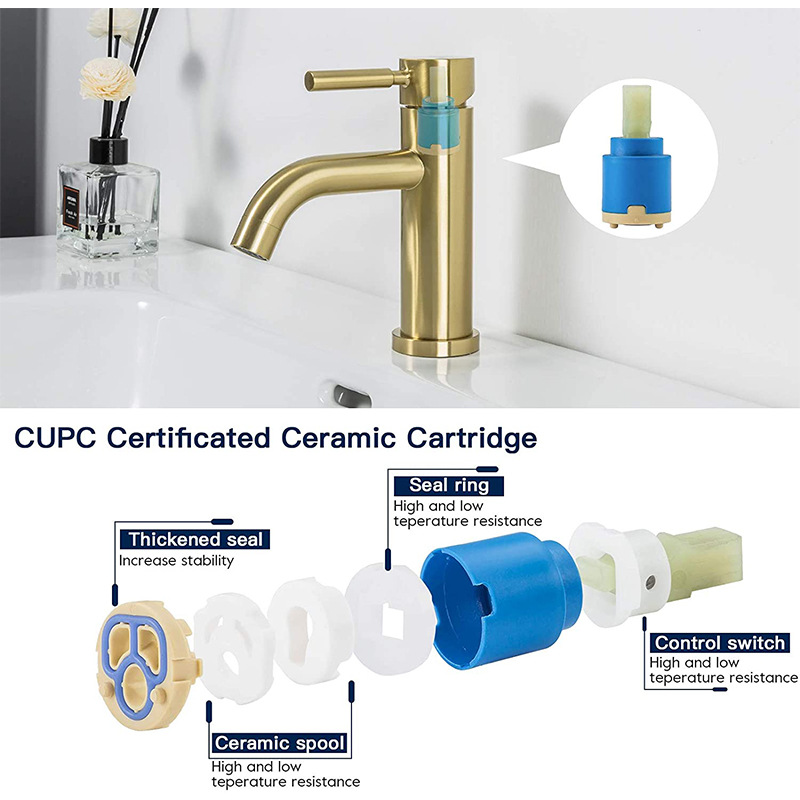 Stainless steel brushed gold faucet 304, cold and hot washbasin, washbasin, countertop basin, gold straight and curved faucet Item Picture