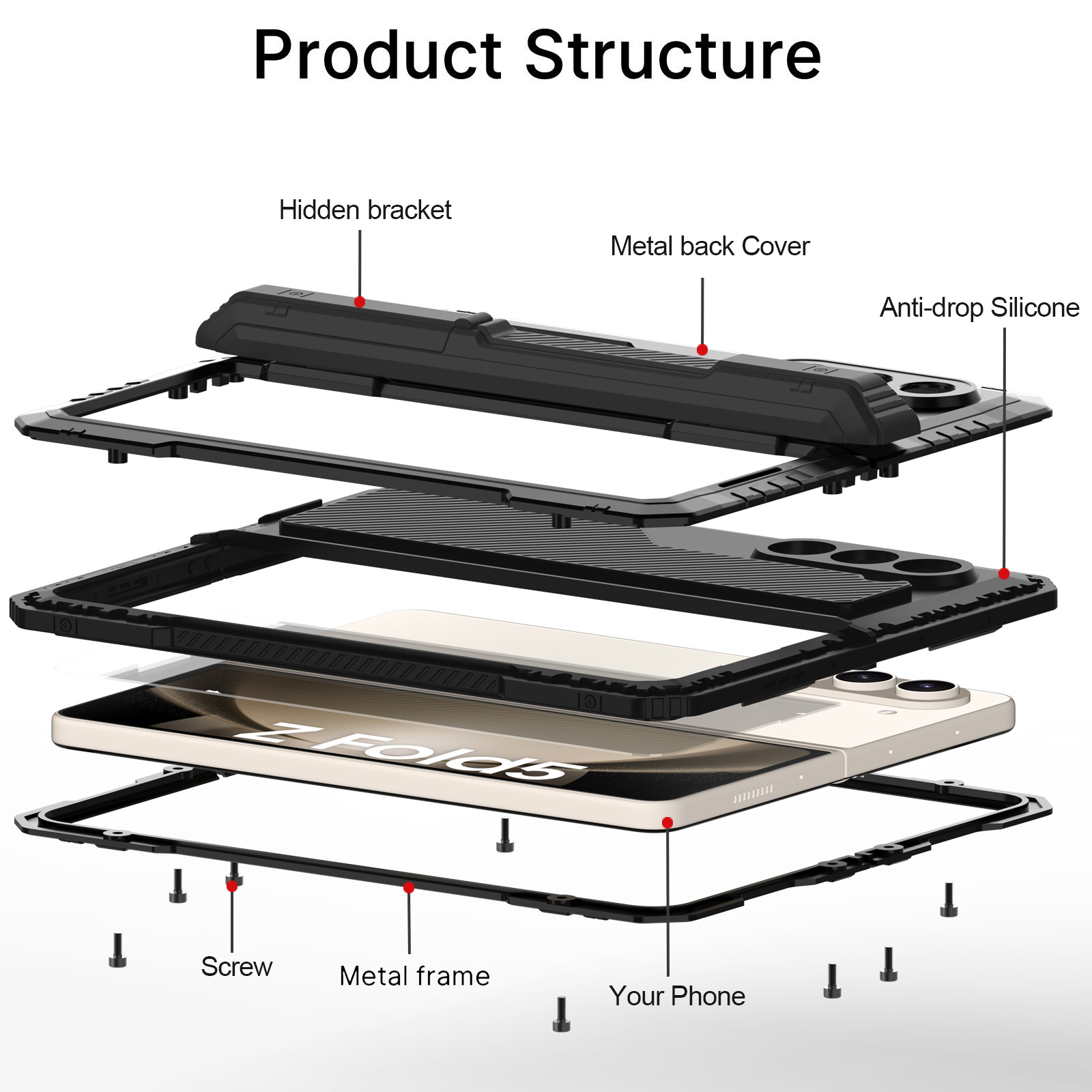 Ốp lưng Samsung Z Fold4/Fold5 kim loại ba lớp chống sốc, chống bụi, có chân đế — đen, đỏ