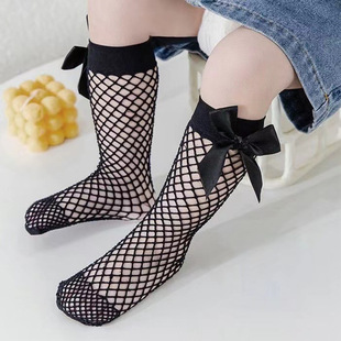 Girls' bow mid-tube fishnet stockings cross-border best selling European and American hollow sweet princess wind lace mid-tube stockings manufacturers