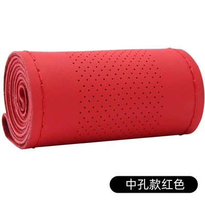 wheel cover leather hand sewing | Steering wheel cover - middle-hole-style-bright-red-38cm