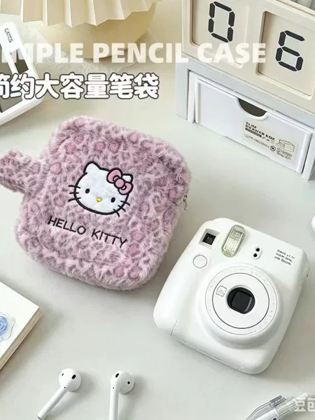 Cute Hellokitty Plush Coin Purse for Female Students, Versatile Pink Portable Instant Camera Storage Bag, Makeup Bag