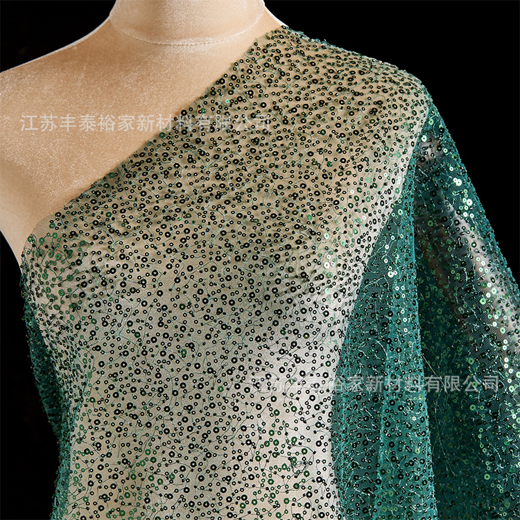 Hijo verde sequinilla clavado cuentas de tela bordada tela de moda de alta gama sequinilla tela de ropa de tela
