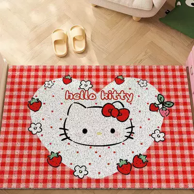 HelloKitty entrance door mat, Avtomobil döşəmə paspasları - red-plaid-strawberry-hello-kitty-head-4060cm-silk-loop