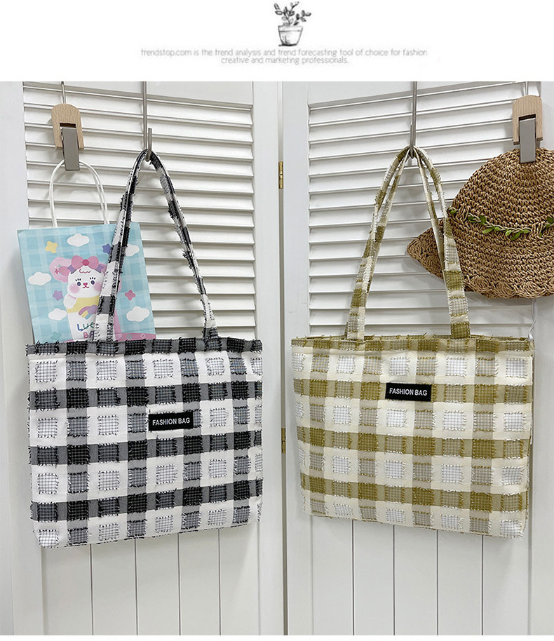 Girls' Japanese-style checkered shopping bags, zipper canvas bags, girls' Korean-style large-capacity student tote bags for class undefined