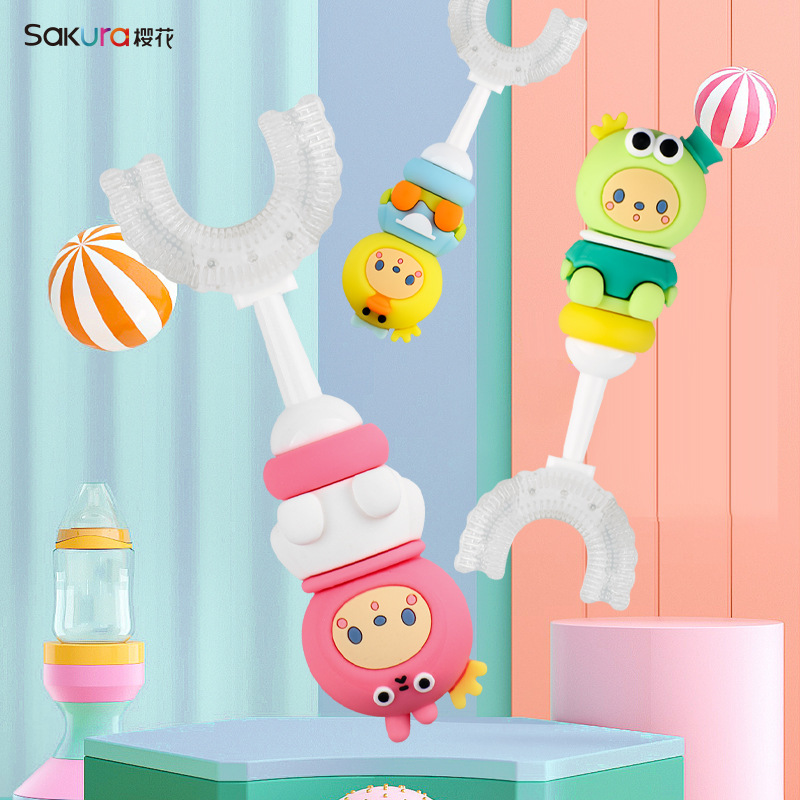 Cepillo de dientes especial para niños en forma de U, cepillo de dientes limpio para estudiantes, cepillo de dientes de pelo suave Sakura