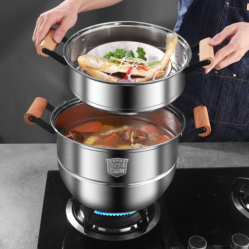 木柄304不鏽鋼大號蒸鍋可代發中式加厚家用雙多層蒸魚禮品湯蒸鍋
