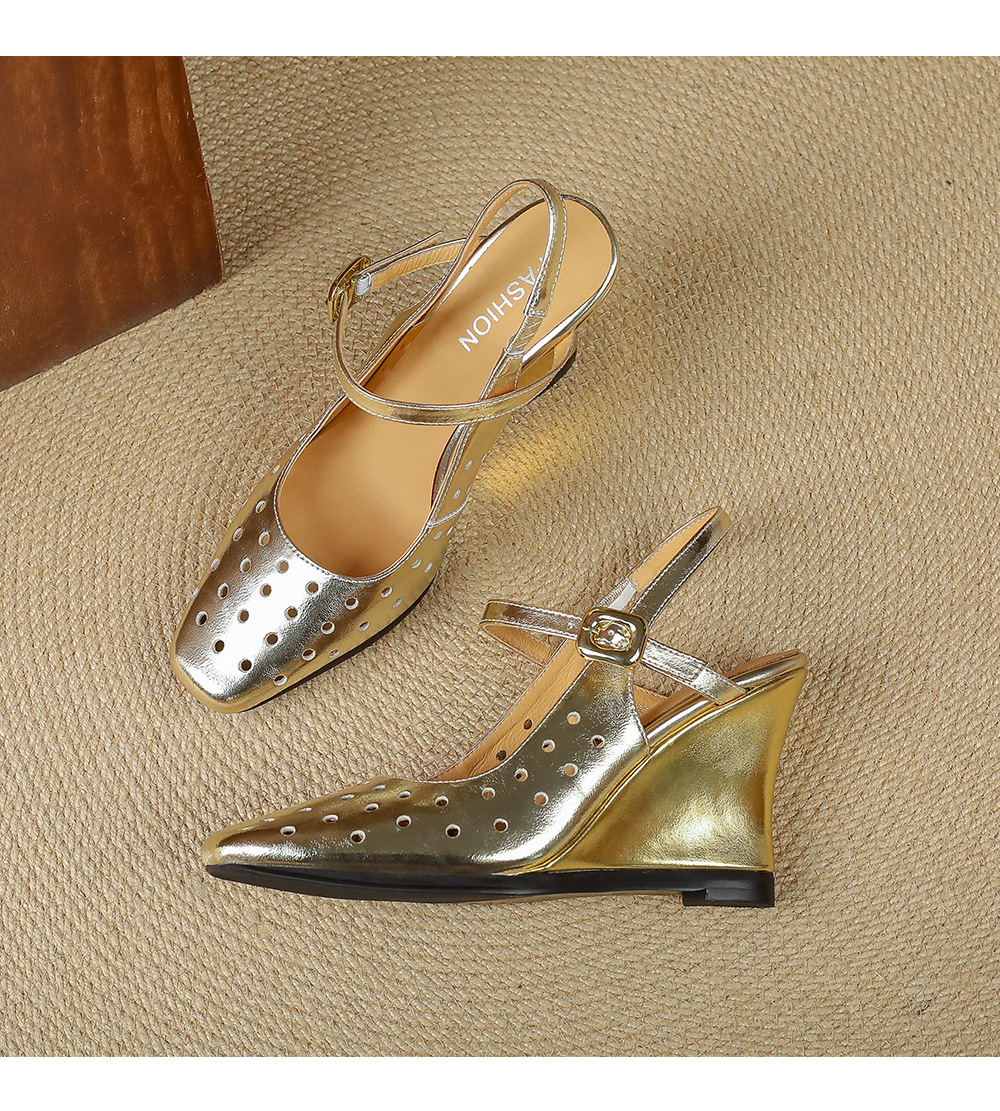 Sandal cao gót nữ mũi vuông quai ngang đế xuồng da thật lỗ thoáng khí — màu vàng, Trắng sữa, bạc chi tiết 15