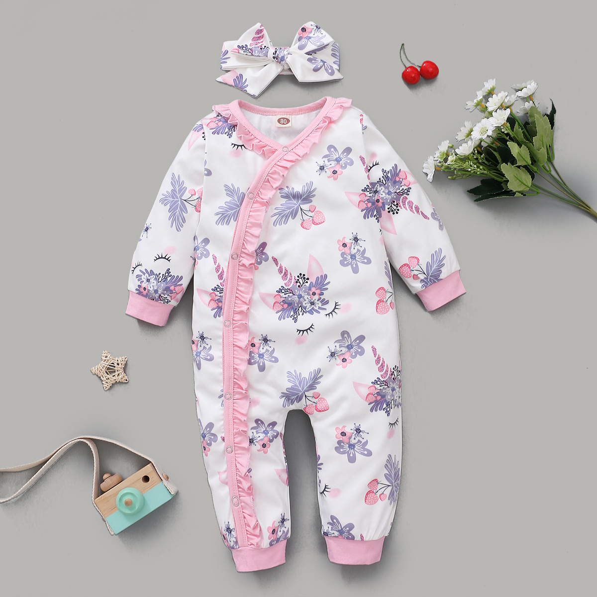 Summer Cotton Long-sleeved Non-hooded Pink Flower Print Baby Jumpsuit display picture 1
