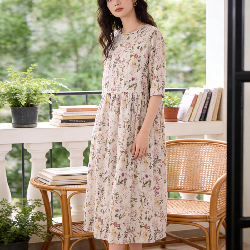 2026 New Summer Style Printed Linen Dress, Elegant and Versatile for Work, Round Neck, Loose Fit, Three-Quarter Sleeves, Floral Long Dress 2026 New Summer Style Printed Linen Dress, Elegant and Versatile for Work, Round Neck, Loose Fit, Three-Quarter Sleeves, Floral Long Dress
