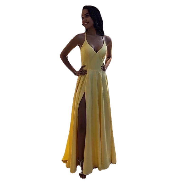 Amazon Comercio exterior vestido de noche luz cielo azul satén largo Cruz espalda vestido de noche formal de las mujeres para ocasión