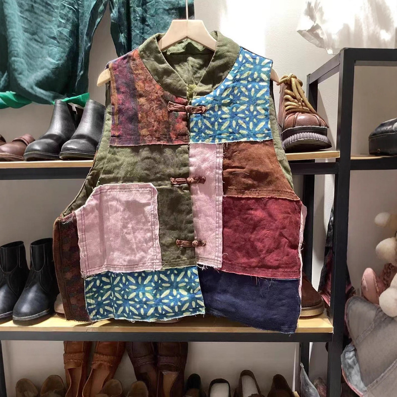 Nami Autumn and Winter Retro Asymmetrical Patchwork Quilted Linen Mixed Cotton Vest Loose and Versatile Personalized Waistcoat Nami Autumn and Winter Retro Asymmetrical Patchwork Quilted Linen Mixed Cotton Vest Loose and Versatile Personalized Waistcoat