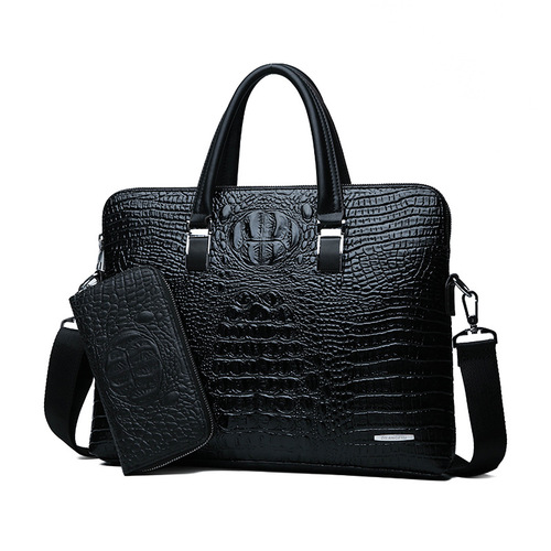 Cross-border men's bag business handbag horizontal crocodile pattern double zipper casual portable briefcase shoulder crossbody bag