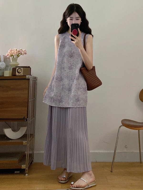 New Chinese-Style National Style Improved Cheongsam Purple Dress for Women, Summer Plus-Size, Faux Two-Piece Layered Long Dress