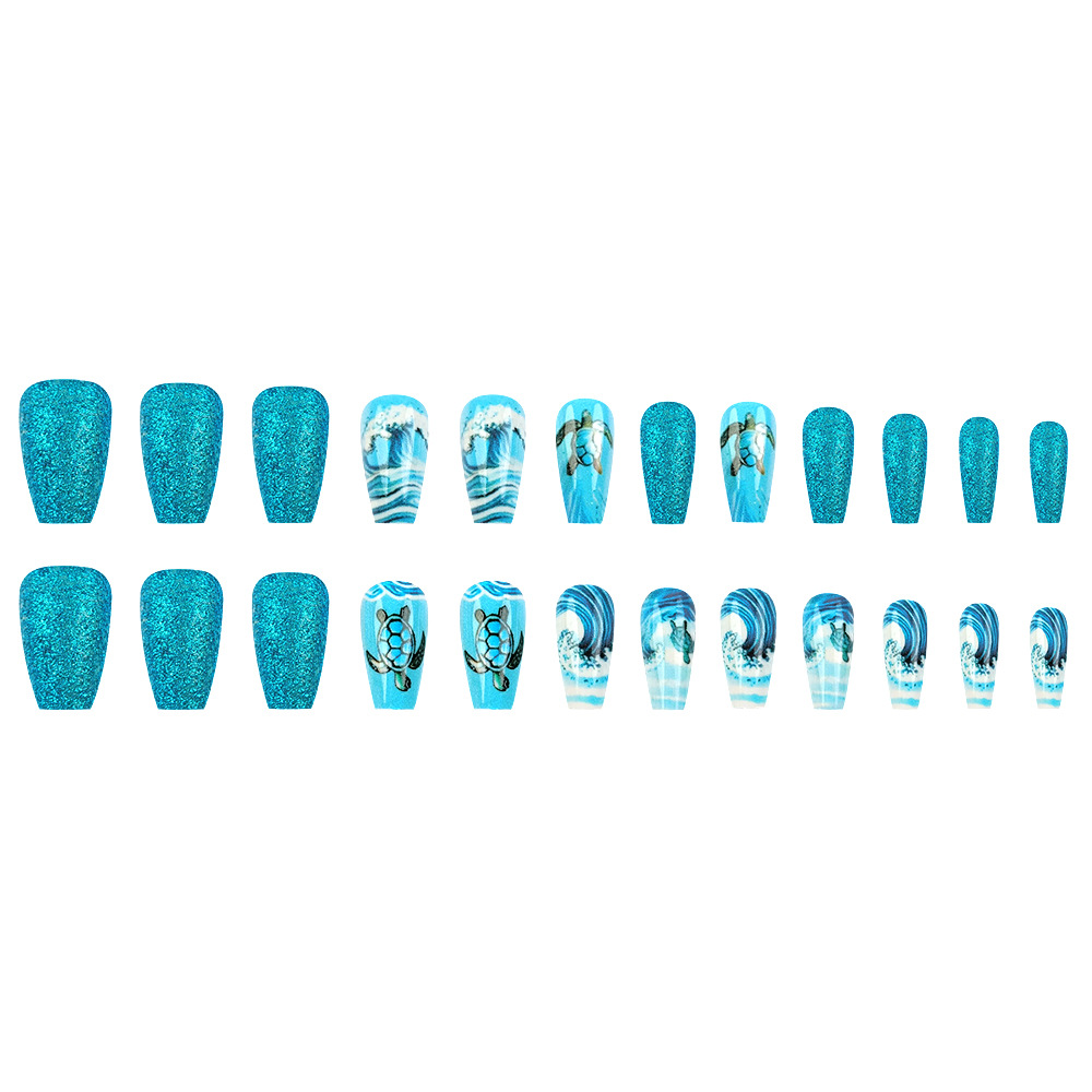 Ventas transfronterizas de tortugas marinas ondas manicuras azul mar fresco para usar uñas cortas 24 piezas de parche de uñas terminadas image 6