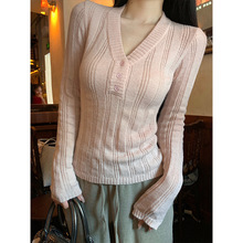实拍2025冬季新款韩版镂空V领毛针织衫甜美藕粉修身温柔长袖毛衣