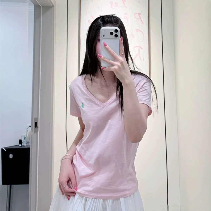Liu Shi's style! RL Ralph Lauren V-neck short-sleeve T-shirt with little horse embroidered logo, versatile, loose, casual, and relaxed style top