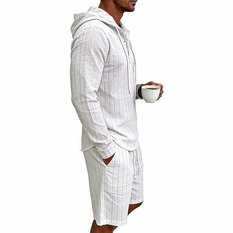 Men's Linen Long Sleeve Hooded Henley Shirt With Shorts Set, Jacquard Vertical Stripe Pattern, Relaxed Fit For Summer Commute And Casual Wear_viptrois.com