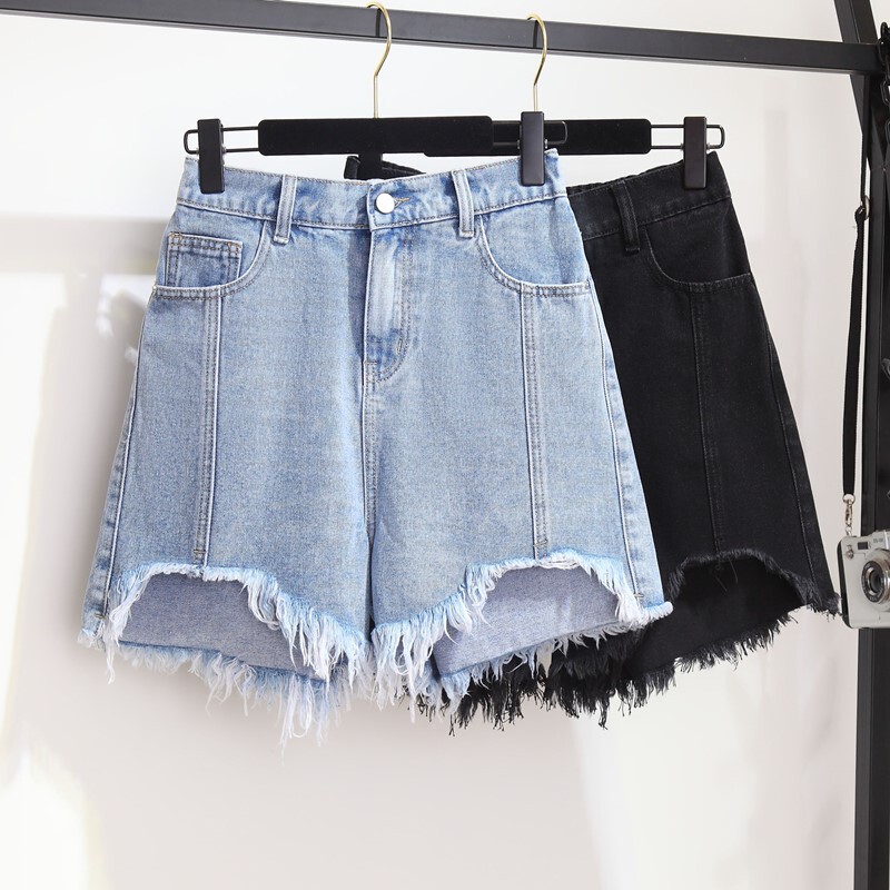 200kg fat MM plus fat plus size rough denim shorts women's summer 300kg extra fat tattered wide leg pants hot pants