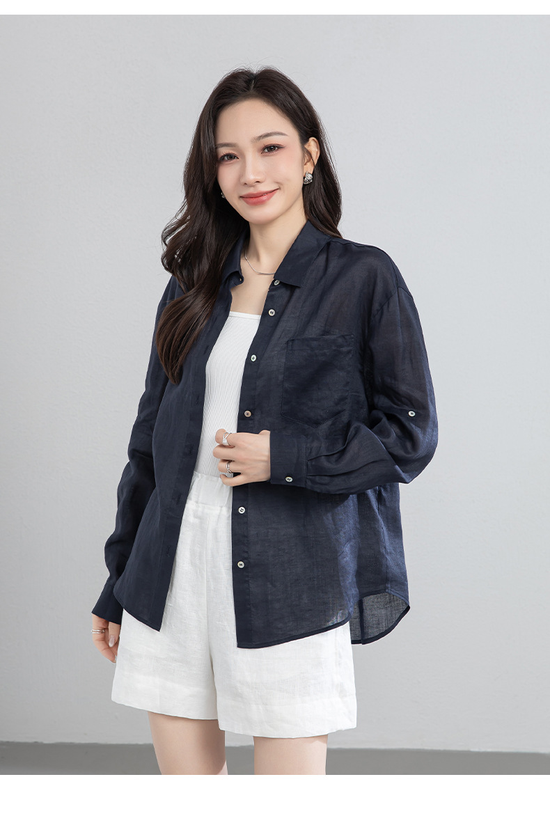 Áo chống nắng nữ dáng dài cổ V tay lỡ chất liệu ramie màu xanh navy — màu xanh navy chi tiết 22