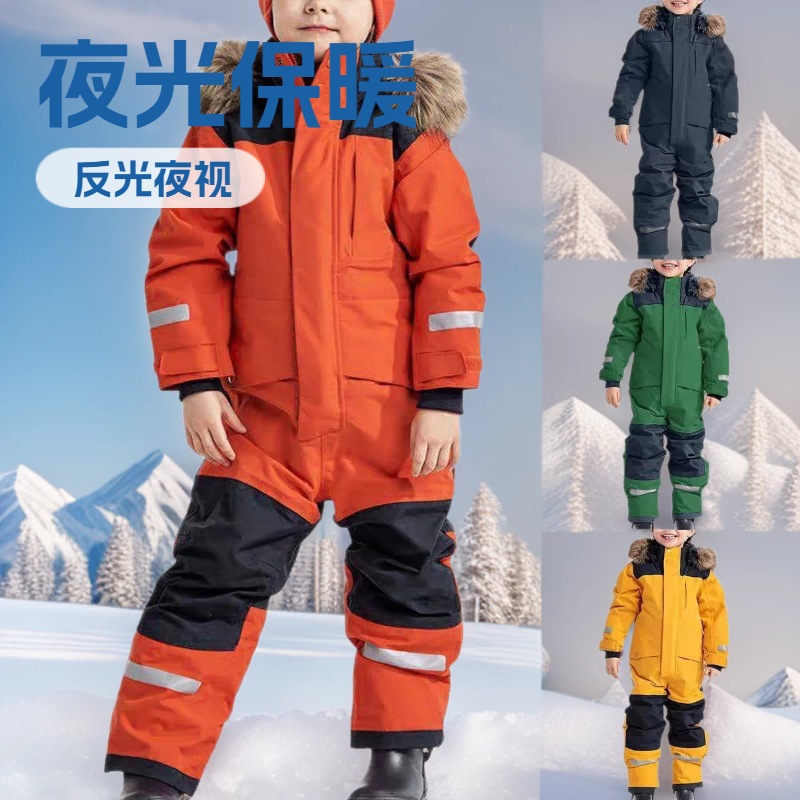 2026 New Children's Onesie Ski Suit, Waterproof and Warm Hooded with Fur Collar for Toddlers and Children, Perfect for Snow Activities in Northeast China