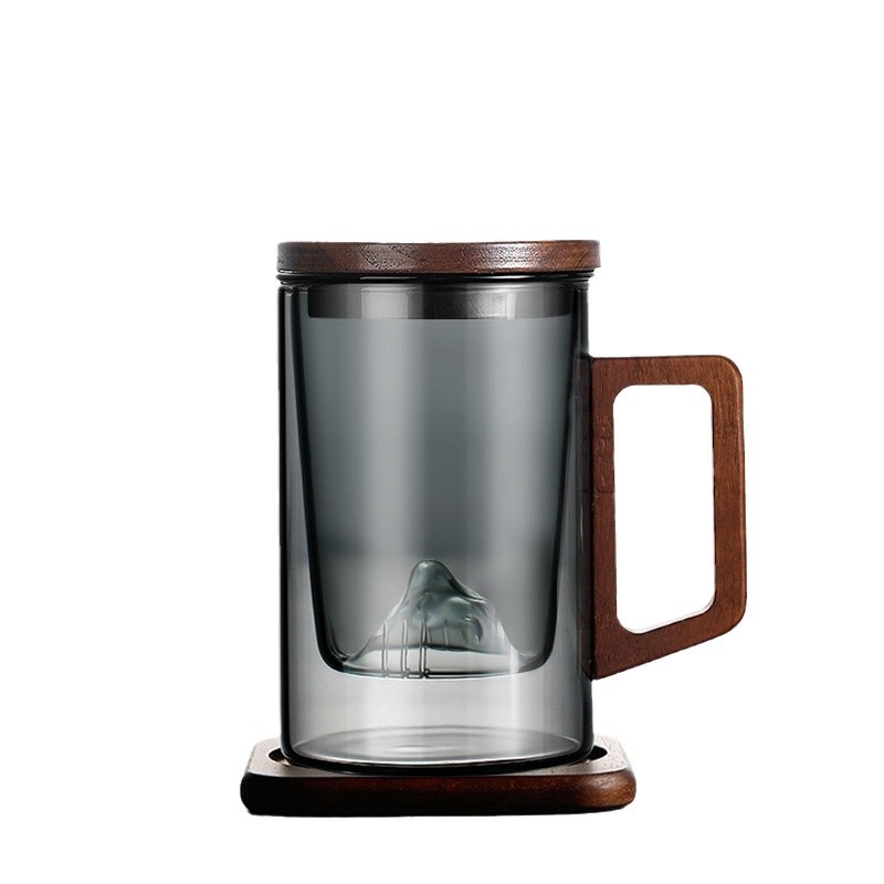 Taza de té verde de vidrio de alto silicio de silicio separación de té vista paisaje taza de agua hogar con mango de oficina taza de tres piezas resistente a altas temperaturas