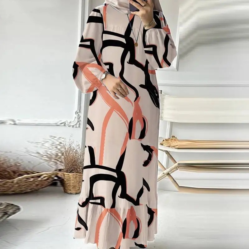 Cross-Border Muslim Women's Clothing Retro Puff Sleeve Printed Ruffle Pocket Dress Middle East Dubai Spring Autumn Abaya_ecoleips.com