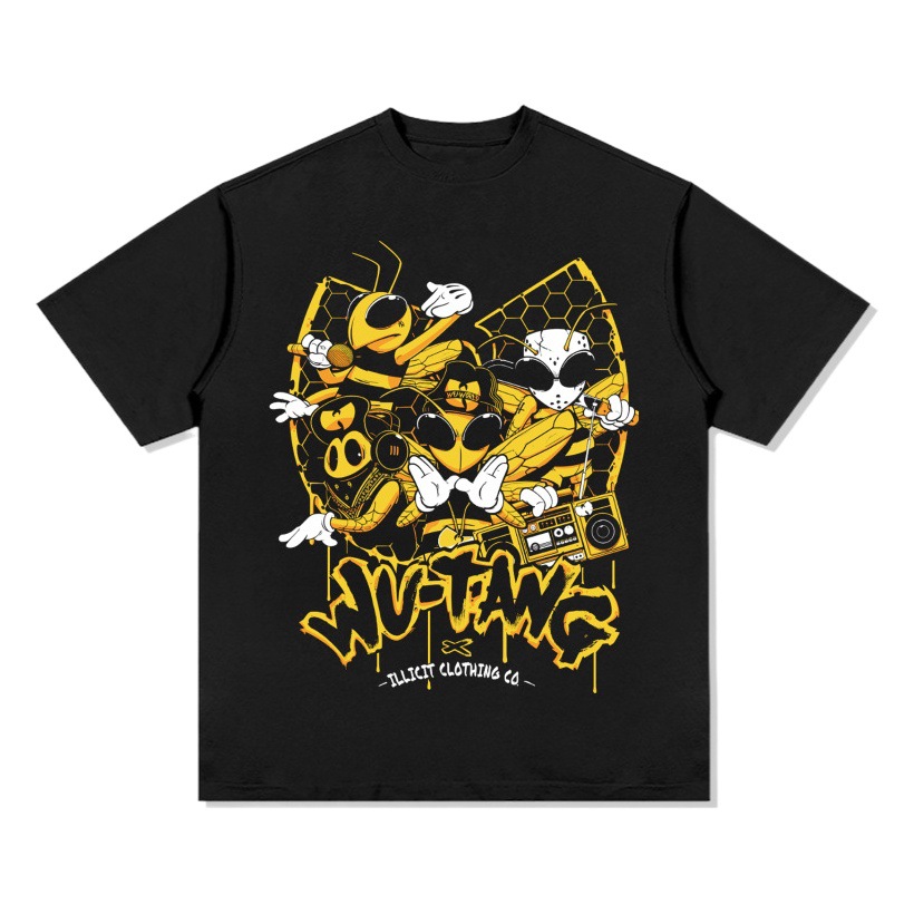 Wu-tang camiseta de manga corta retro americana con estampado lavado y desgastado suéter con capucha y cuello redondo suelto de algodón pesado