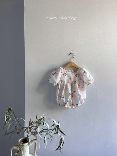 Korean children's clothing baby girl onesie 22 summer style fashionable baby crawler suit flower puff sleeves toddler coveralls