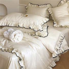 韩式纯棉四件套荷叶边床上用品提花高级感白色公主被套1.8米