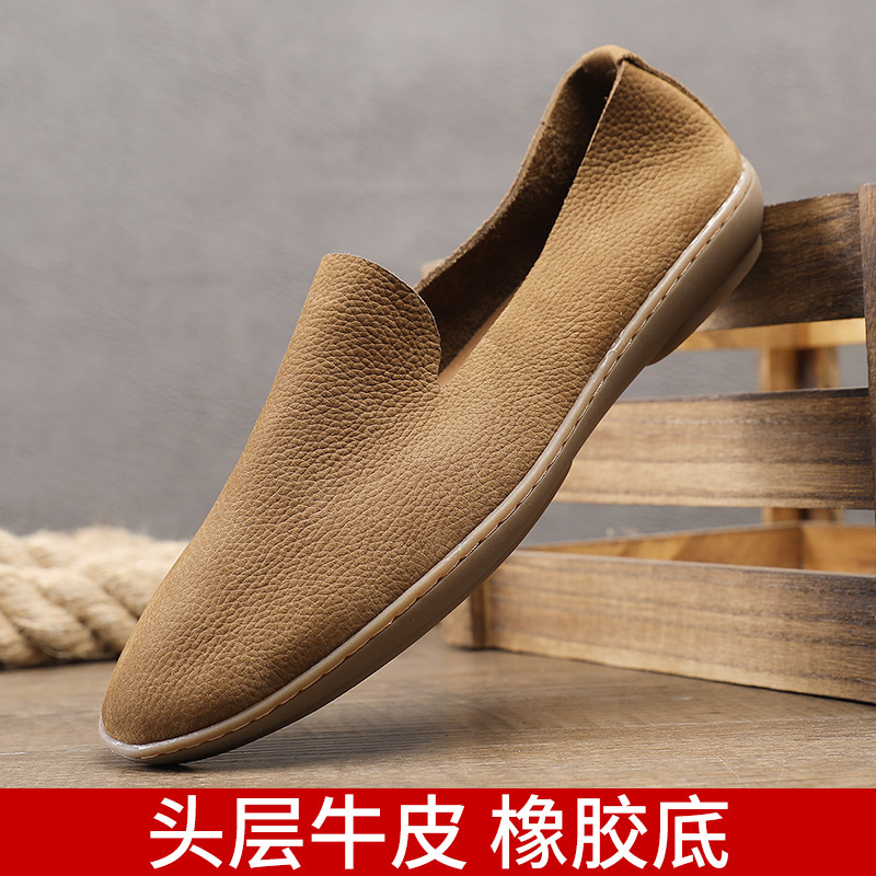 Handmade Men's Shoes, Ultra-Soft, Breathable, Lightweight, First-Layer Cowhide Slip-On Loafers, Round-Toe Driving Leather Shoes