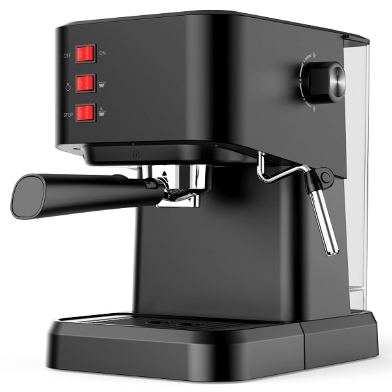 Cafetera pequeña semiautomática de espresso con vaporizador de leche integrado, estándar europeo, para oficina y hogar.