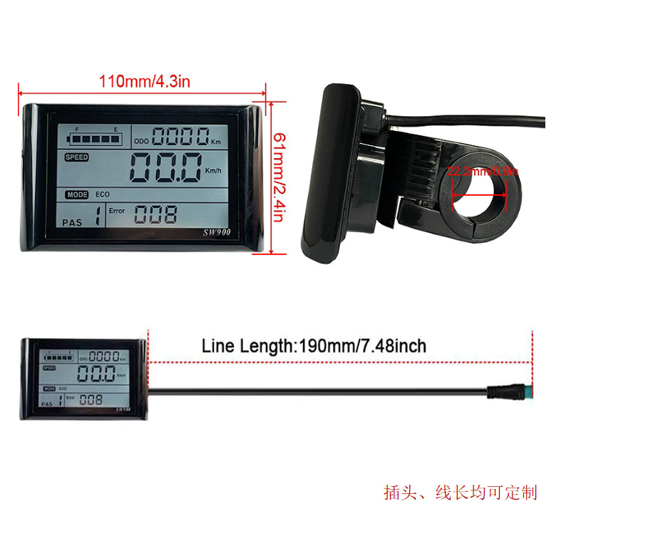 Sw900 Lithium Battery Instrument Display for Mountain Bikes, Scooters, and Electric Vehicles, Waterproof Five-Core 36V48V Cross-Border