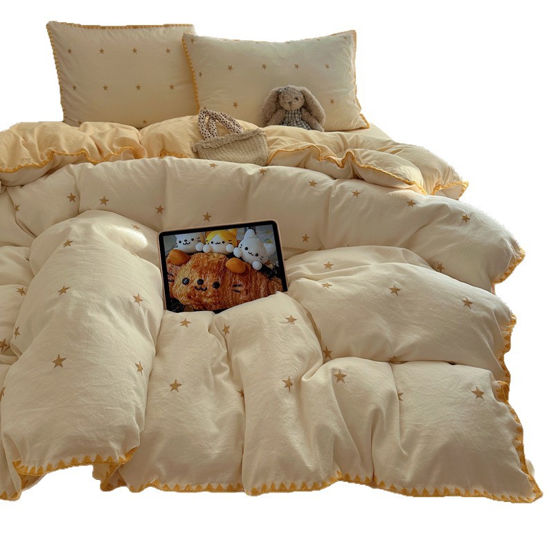 Parure de lit brodée étoiles style coréen avec bordure coquille_voghion.com