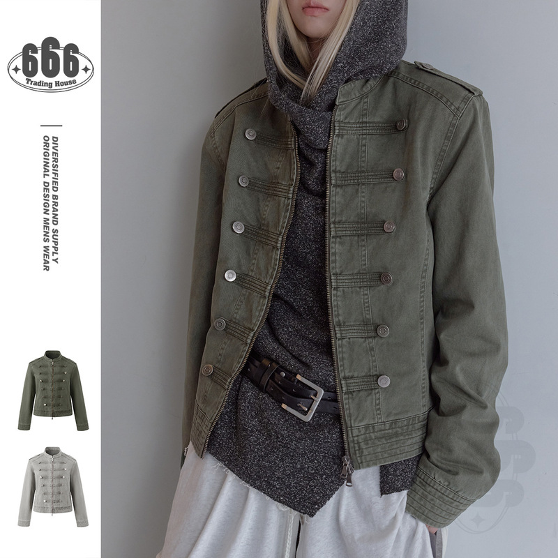 Wholate designer trendy brand slim-fit stand-up collar jacket for women, trendy retro top, military style coat W60
