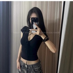 【210克40支纯棉】纯色简约蕾丝拼接V领短袖夏季修身显瘦上衣潮