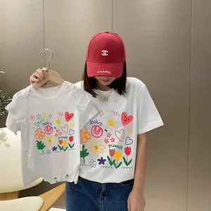 亲子装儿童短袖t恤夏季母女装打底衫薄宝宝洋气立体花朵装饰上衣